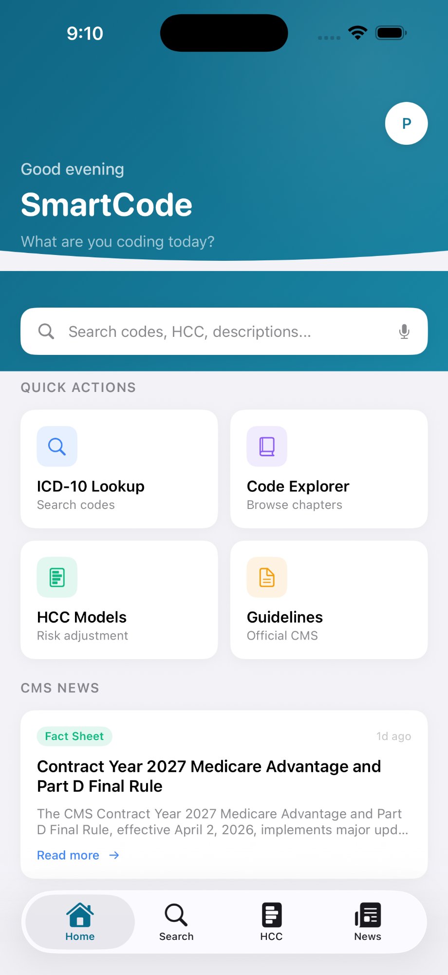 SmartCode app home screen showing ICD-10 Lookup, Code Explorer, HCC Models, Guidelines, and CMS News
